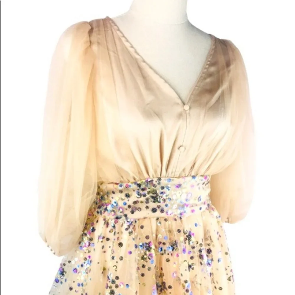 Beige Mini Dress Custom Made Puff Sleeve - NEW - Picture 8 of 9